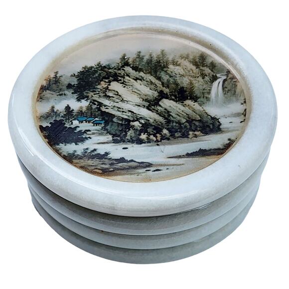 Vintage 60s Chinese Set of 6 Coasters Marble & Glass Village Landscape Barware - Picture 5 of 16